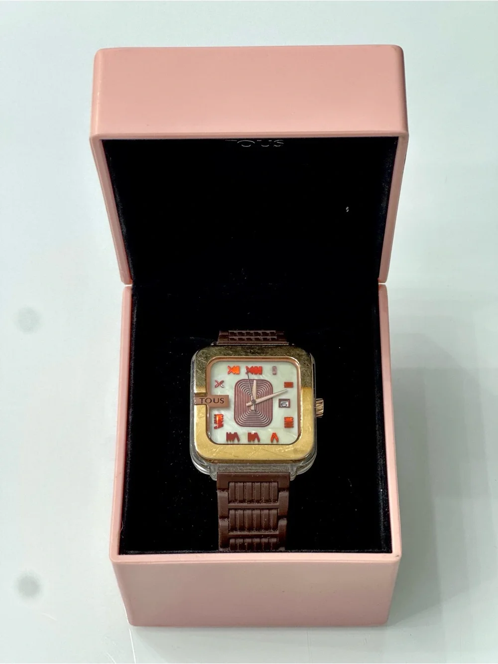 TOUS Rose Gold-Tone Square Watch with Brown Strap and Pink Box